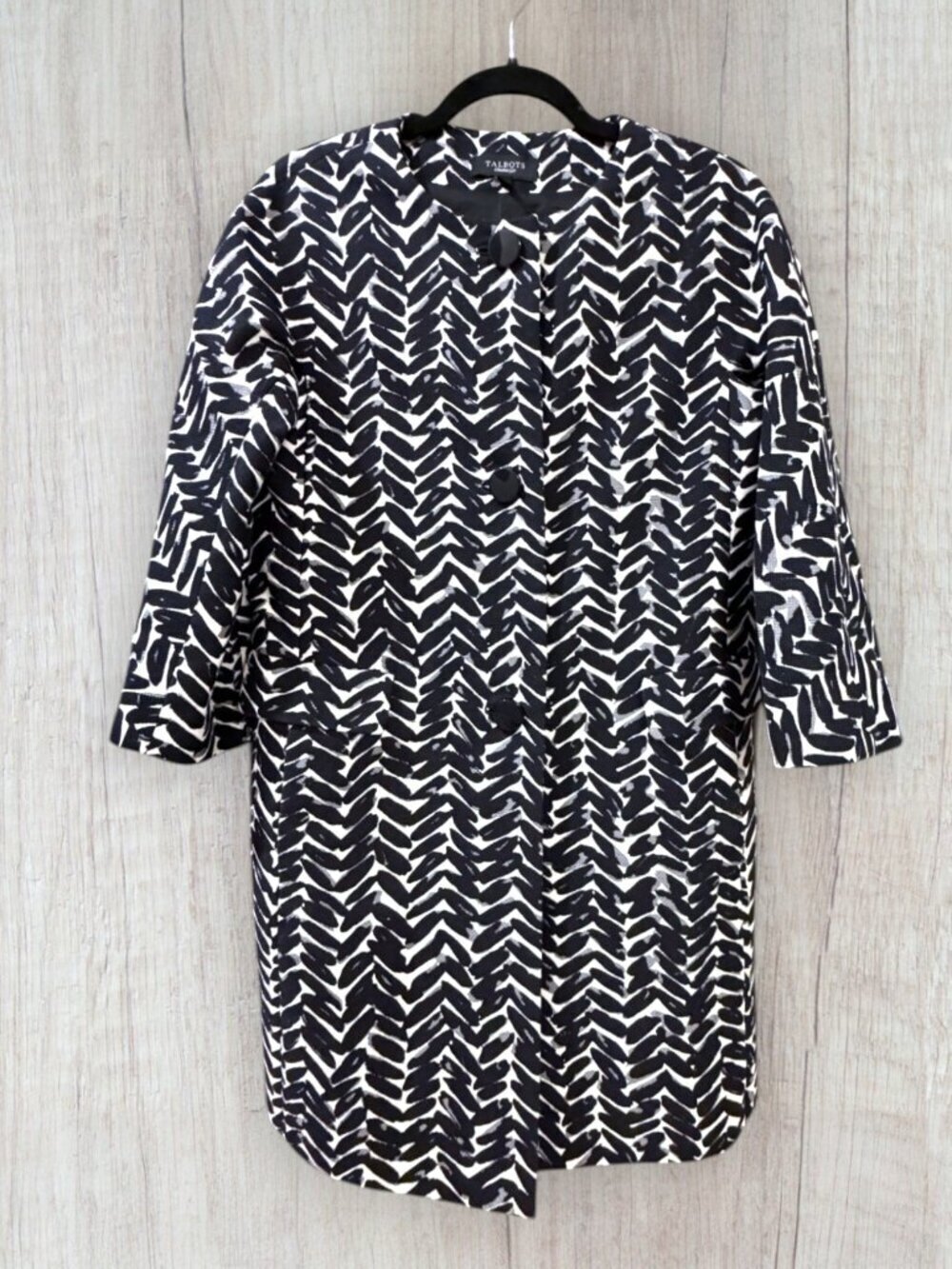 Talbots Black White Abstract Print Jacket Textured Coat Button Front Womens 6